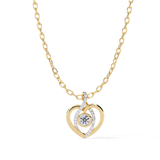 heart shaped pendant in yellow gold with central round diamond and curved diamond accents