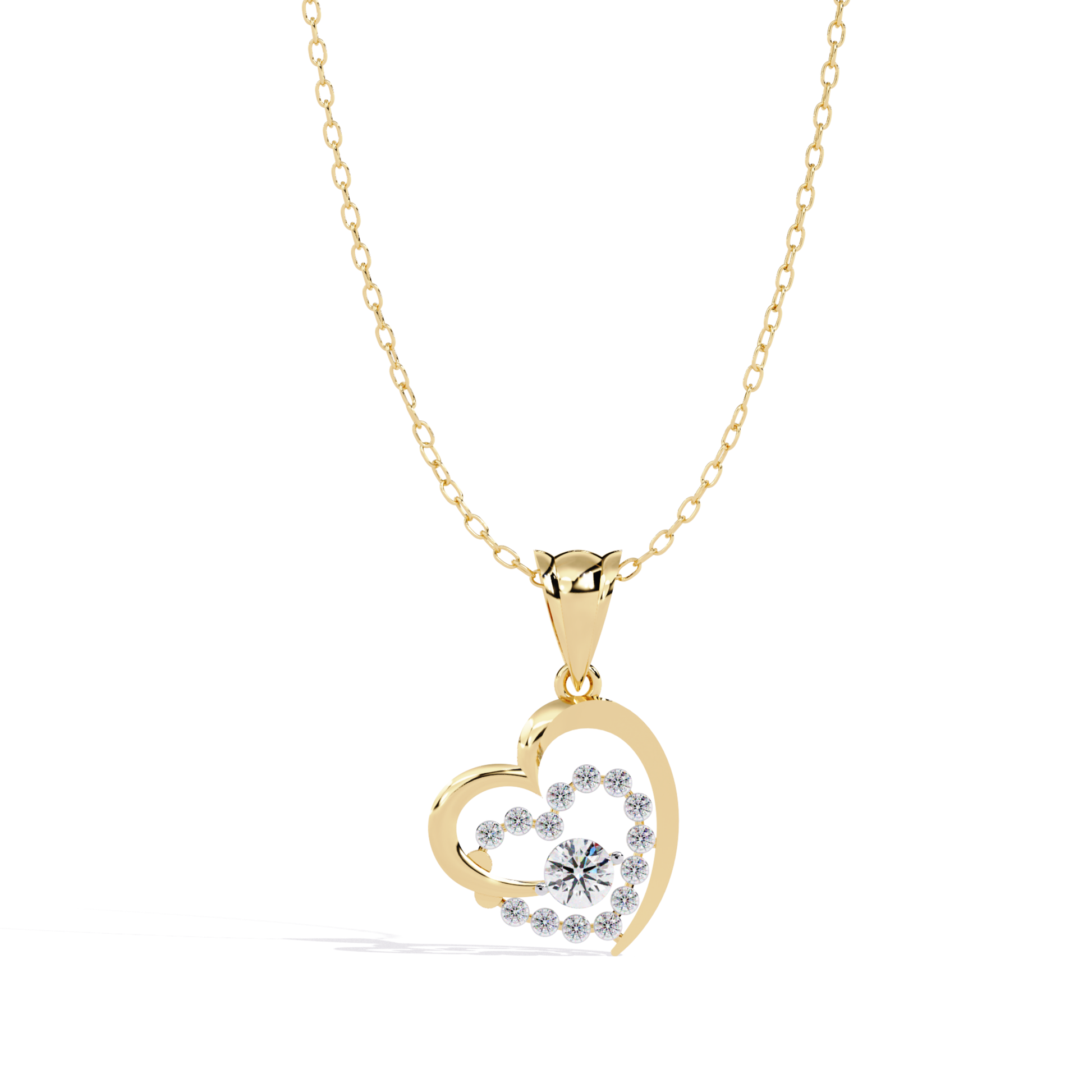 yellow gold heart shaped pendant with round diamond design