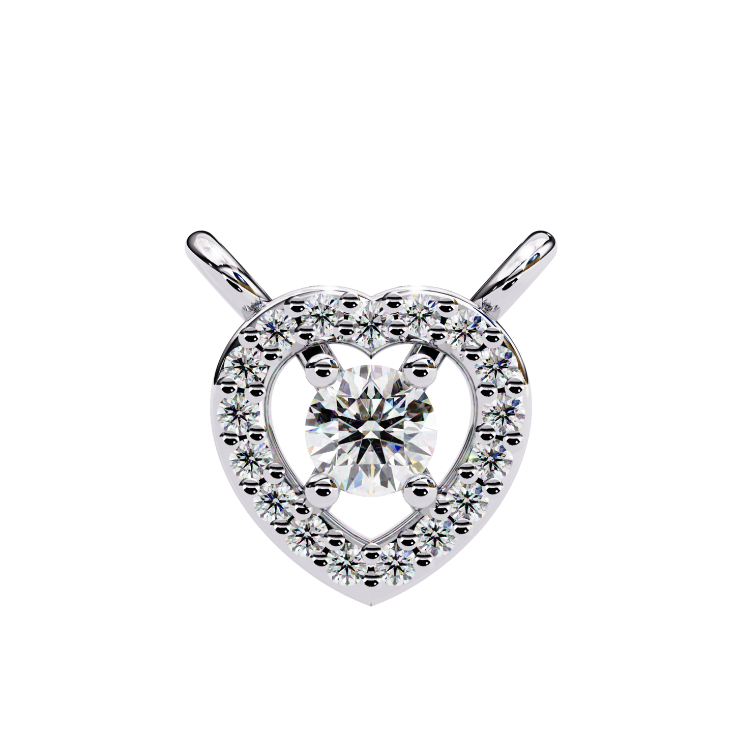 Brilliant round diamond solitaire set inside a heart-shaped halo of smaller diamonds, crafted in white gold.