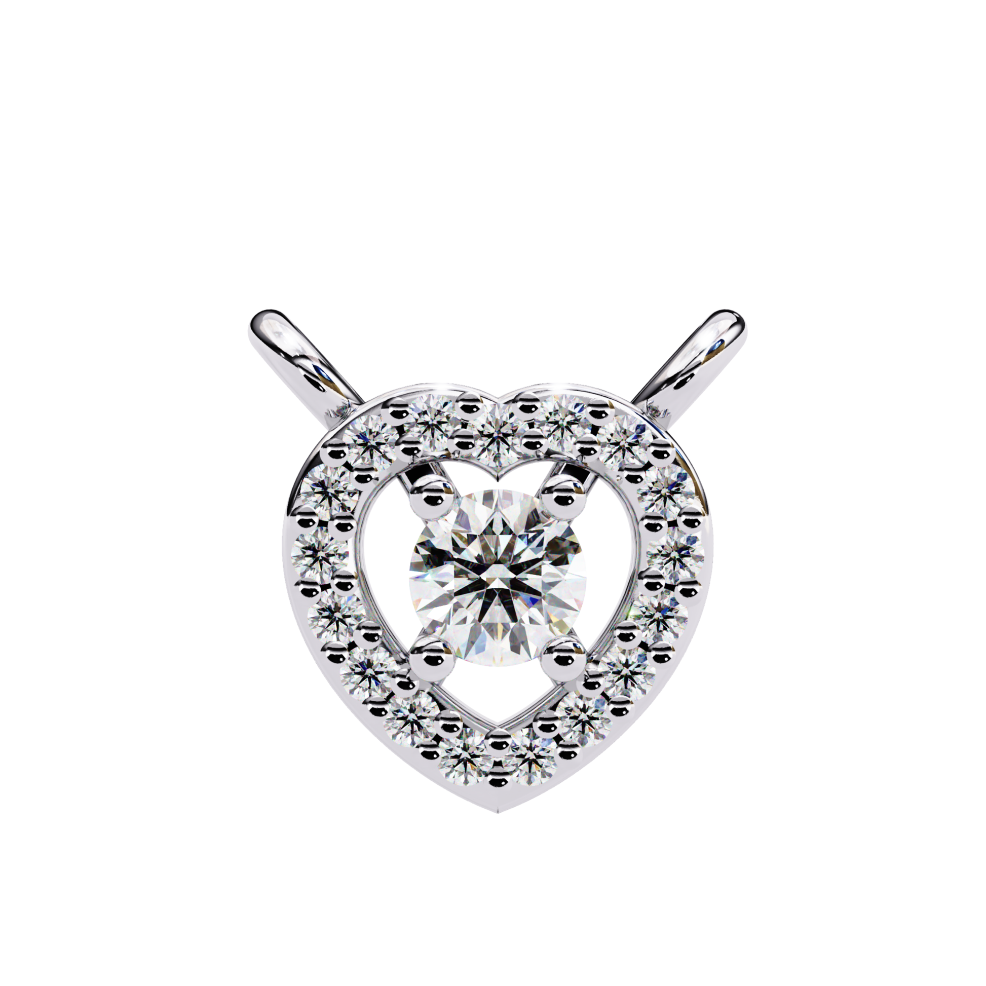Brilliant round diamond solitaire set inside a heart-shaped halo of smaller diamonds, crafted in white gold.