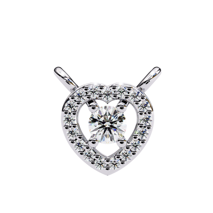 Brilliant round diamond solitaire set inside a heart-shaped halo of smaller diamonds, crafted in white gold.