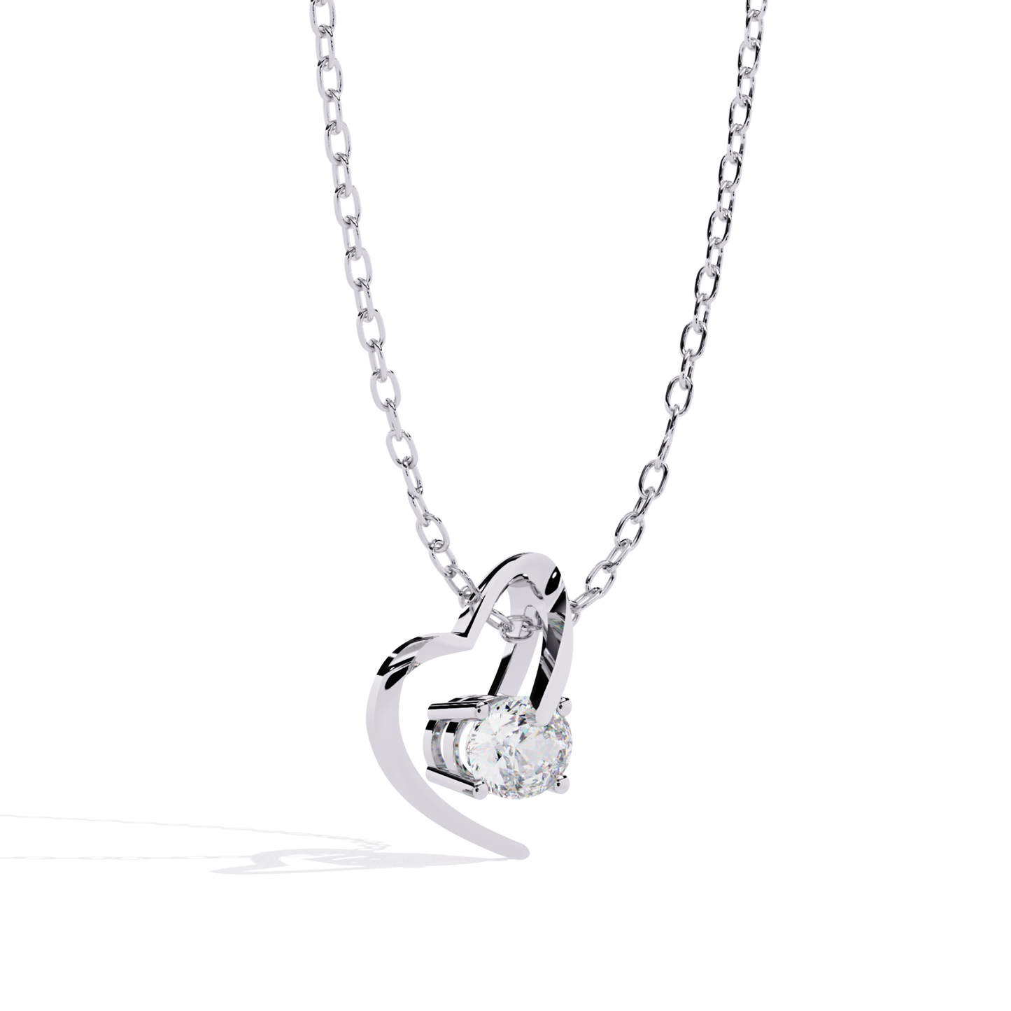 Side view of a heart shaped curved pendant with a single round stone set inside the open design in white tone