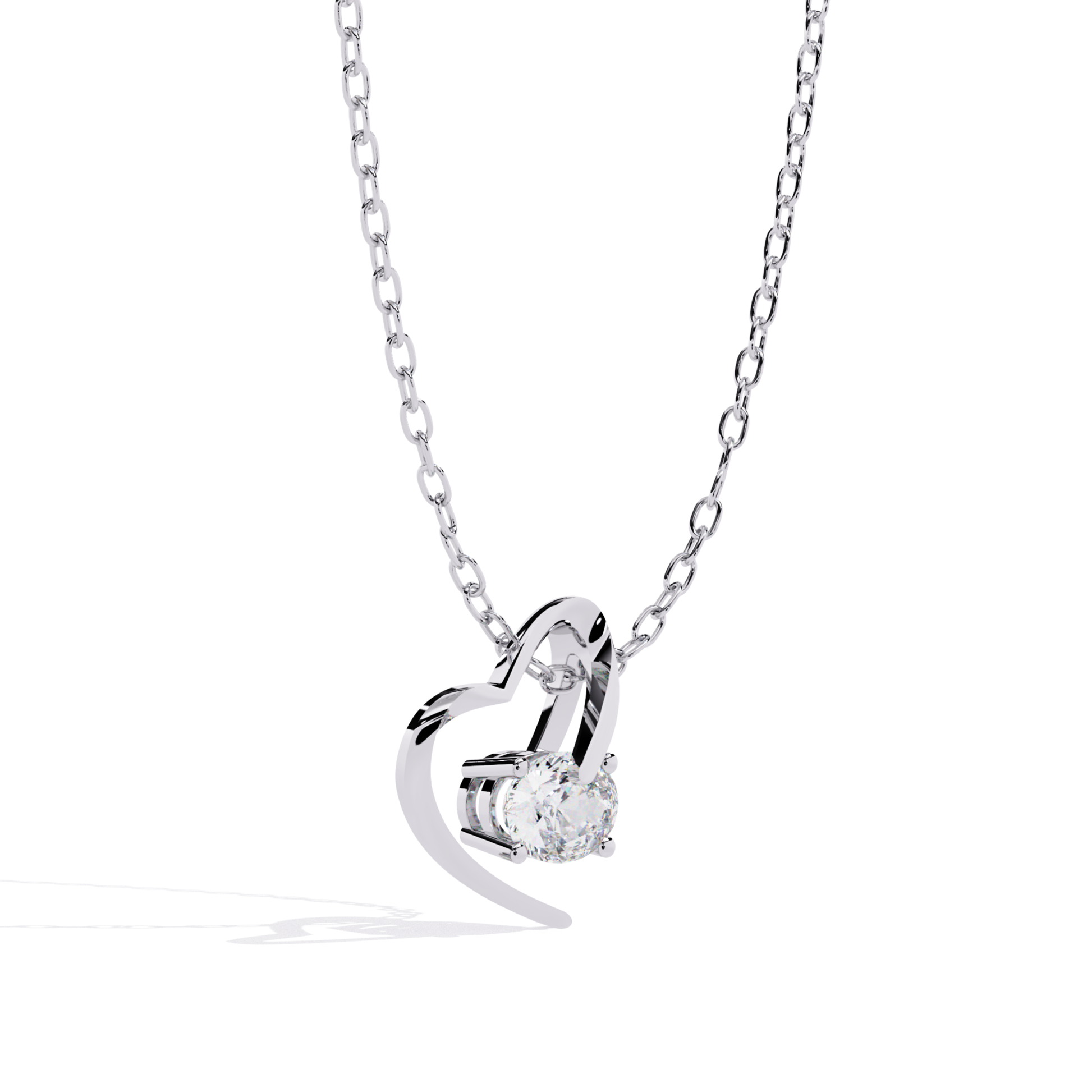 Side view of a heart shaped curved pendant with a single round stone set inside the open design in white tone