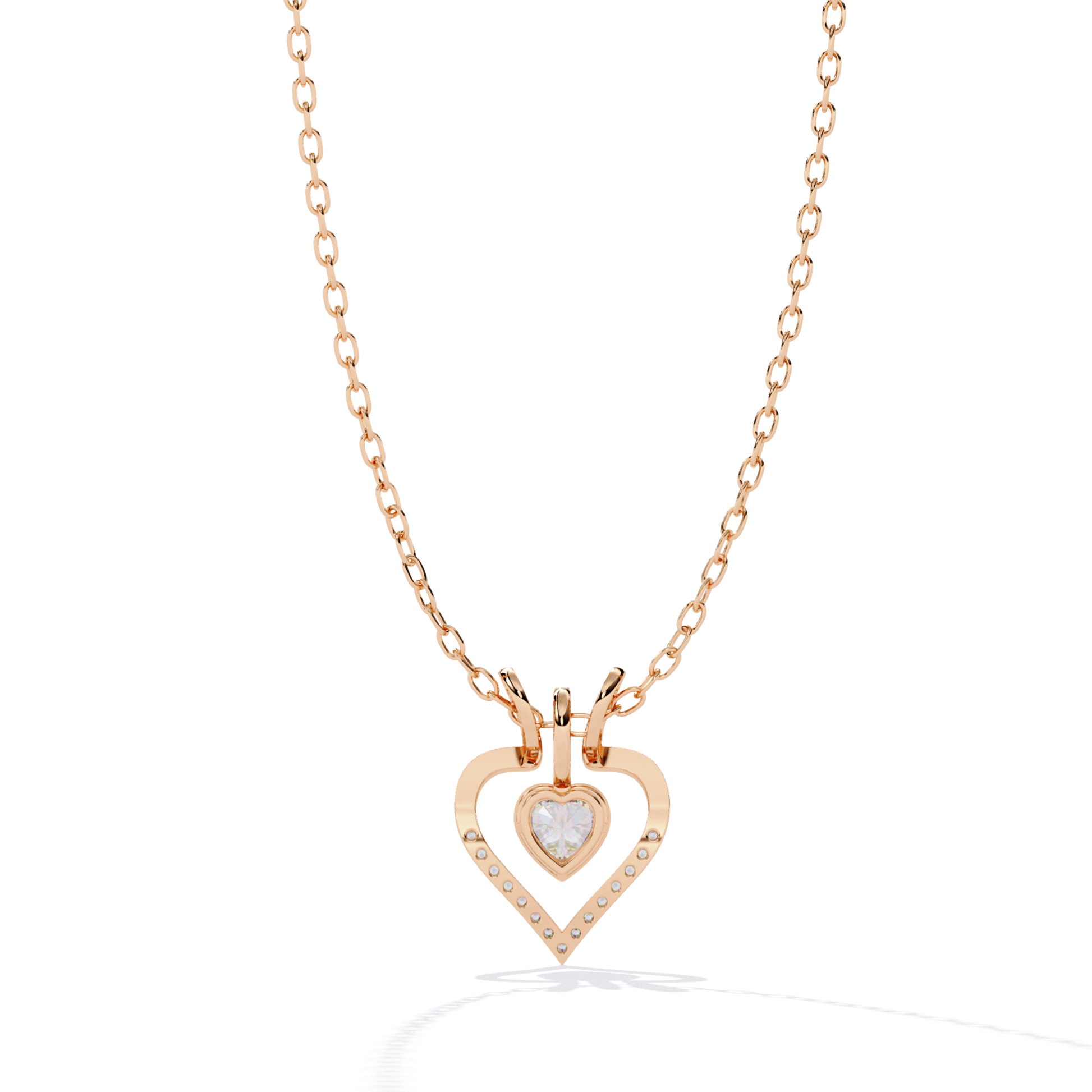heart cut diamond pendant in rose gold with open heart frame and evenly spaced round diamonds highlighting the bottom edge