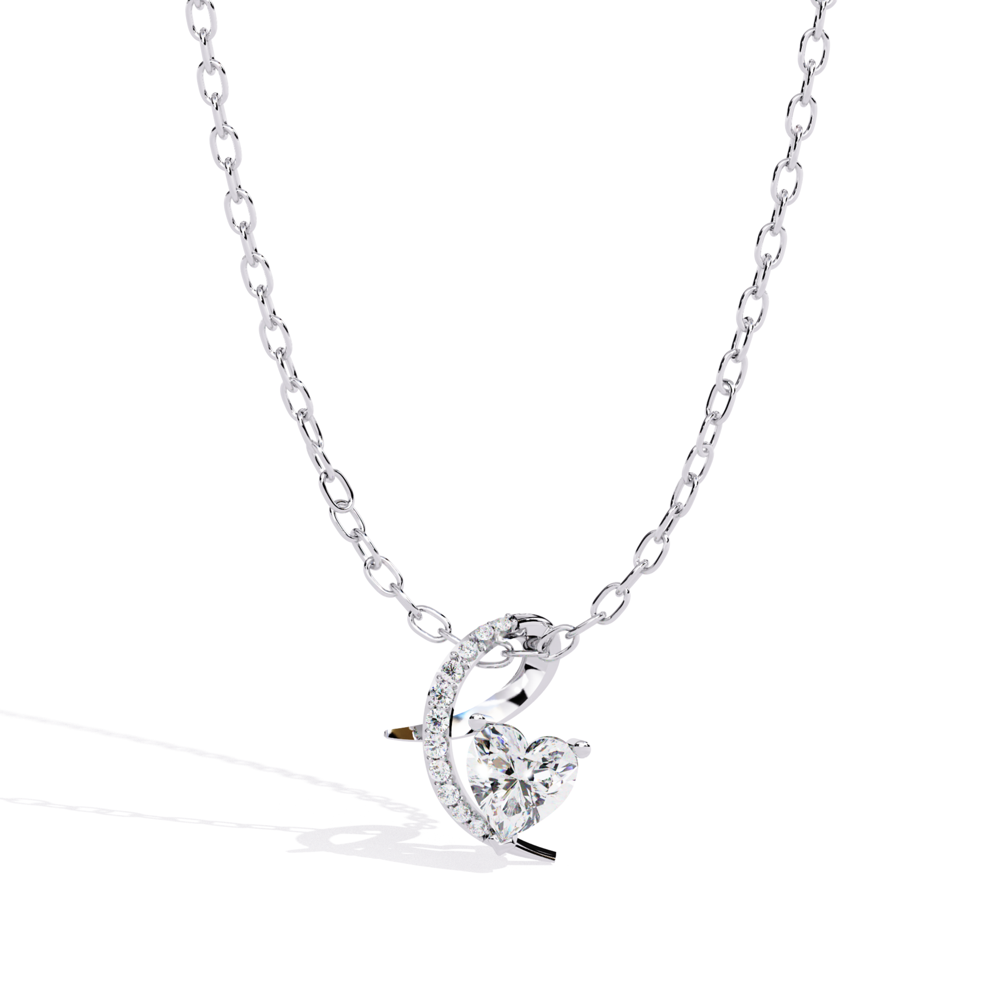 White gold heart cut diamond pendant with elegant curved frame