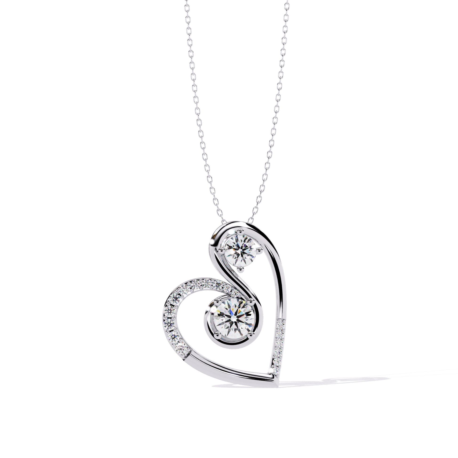 Front view of white gold heart pendant featuring two round diamonds in flowing metal form