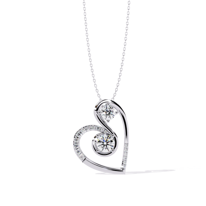 Front view of white gold heart pendant featuring two round diamonds in flowing metal form