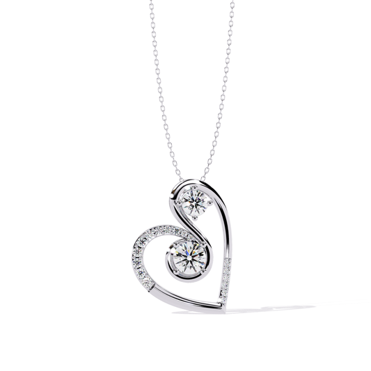 Front view of white gold heart pendant featuring two round diamonds in flowing metal form