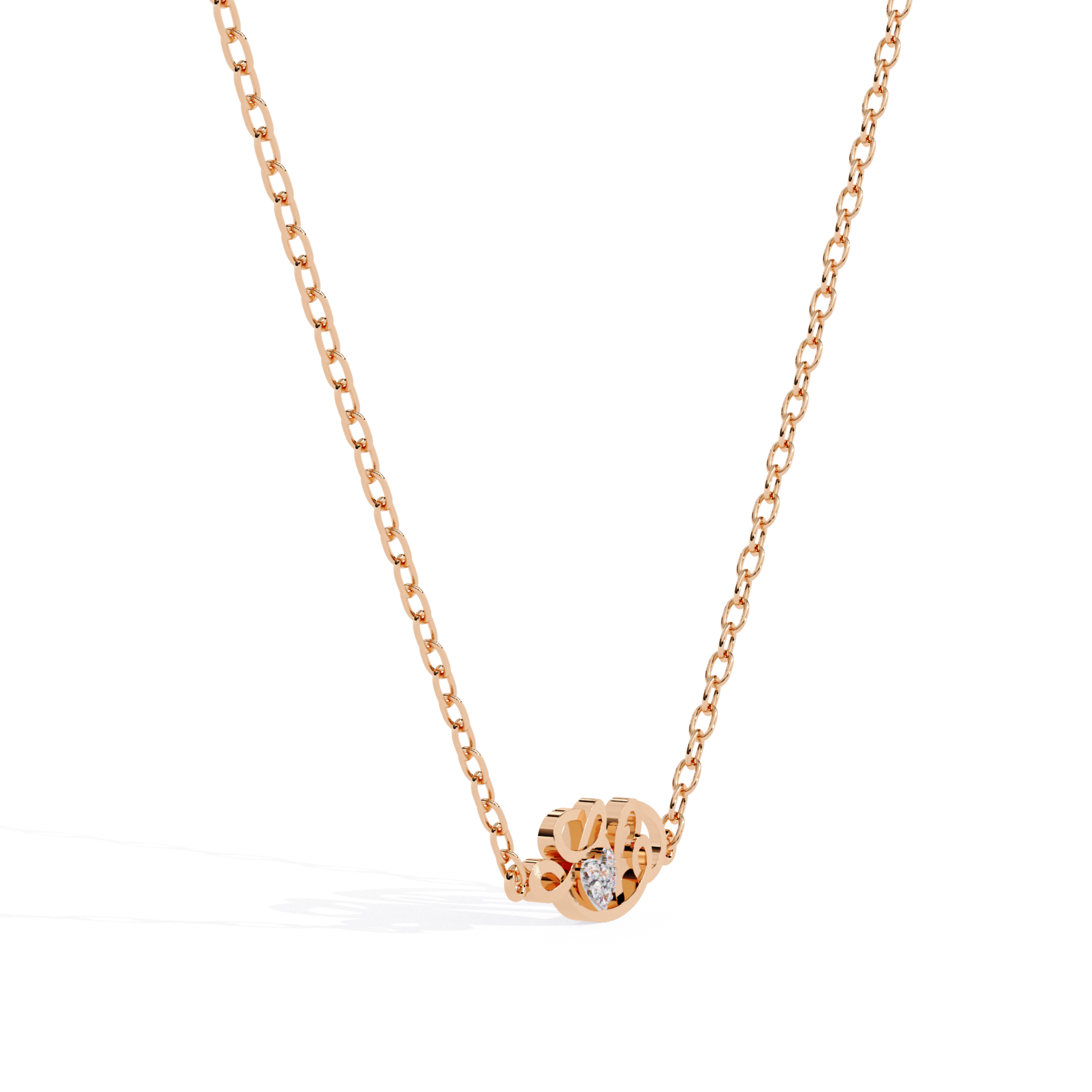 Angled view of a rose gold pendant displaying a flowing love motif with a heart-shaped diamond centerpiece.