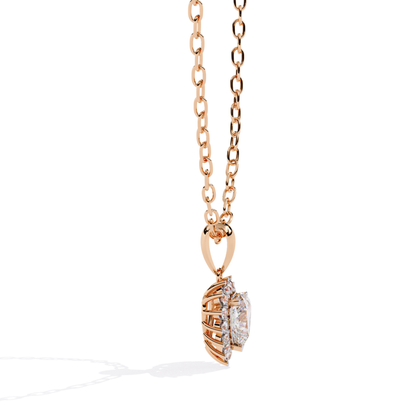 Rose gold heart diamond pendant side angle highlighting prong work