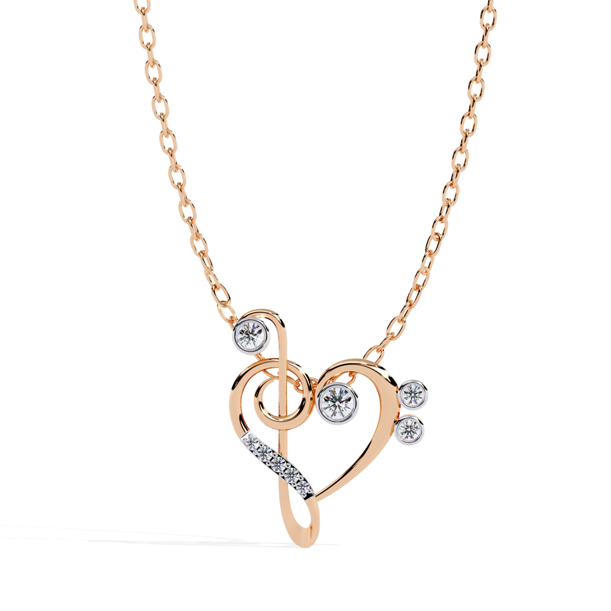 Front view of a rose gold heart pendant with round diamond accents