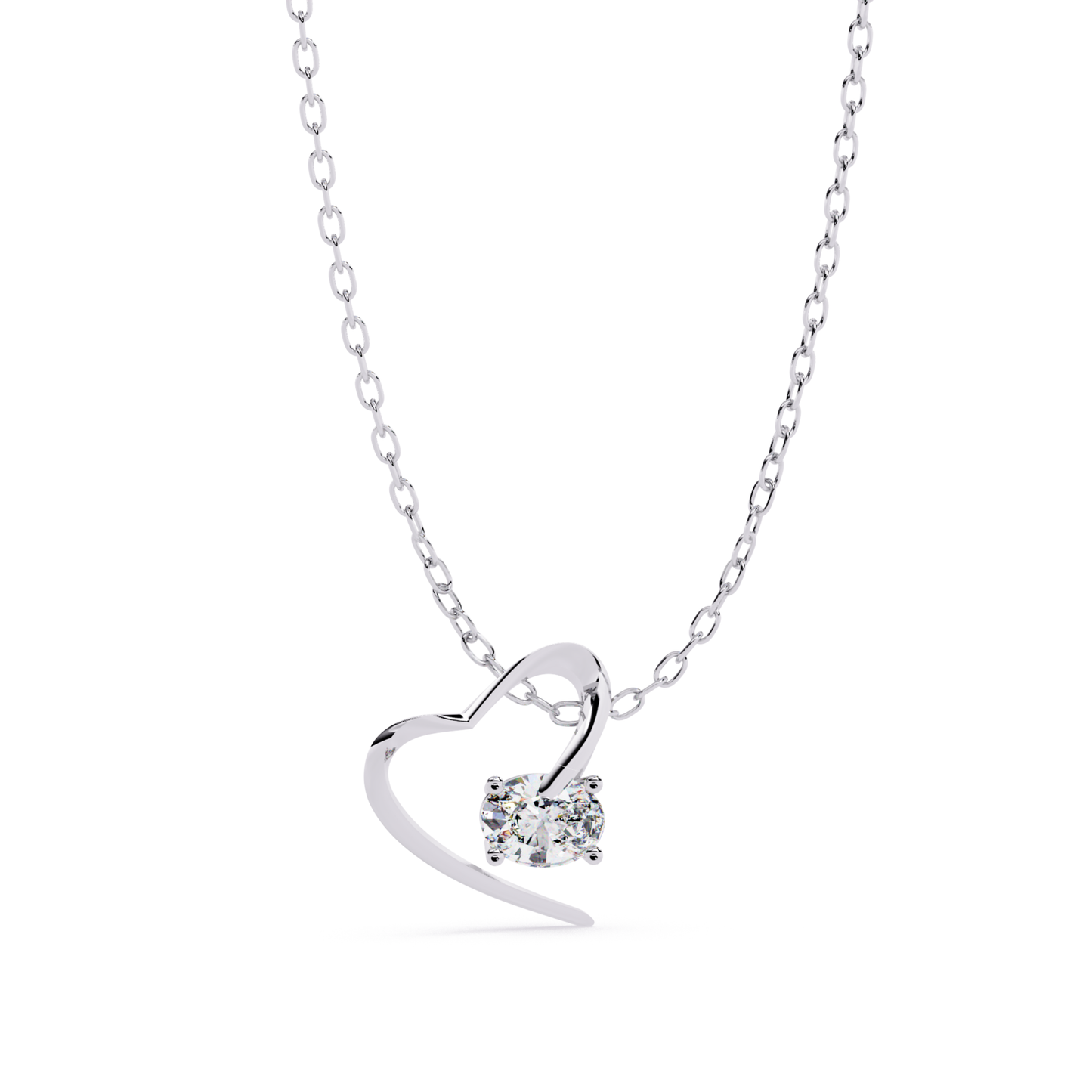 White gold heart shaped pendant featuring a central diamond and smooth curved finish