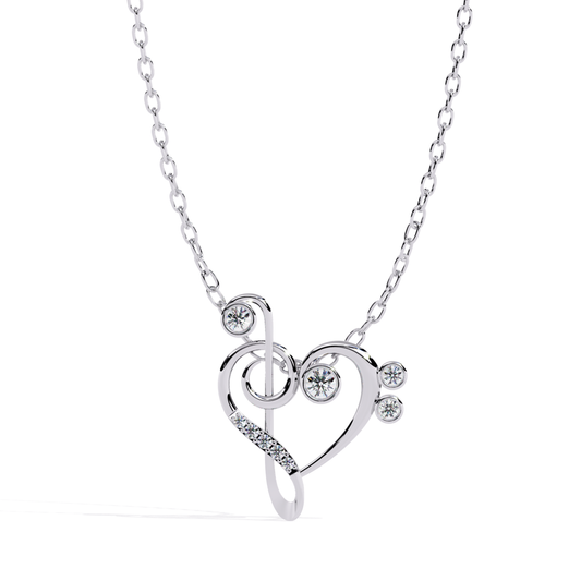 Front view of a white gold heart pendant featuring round diamonds