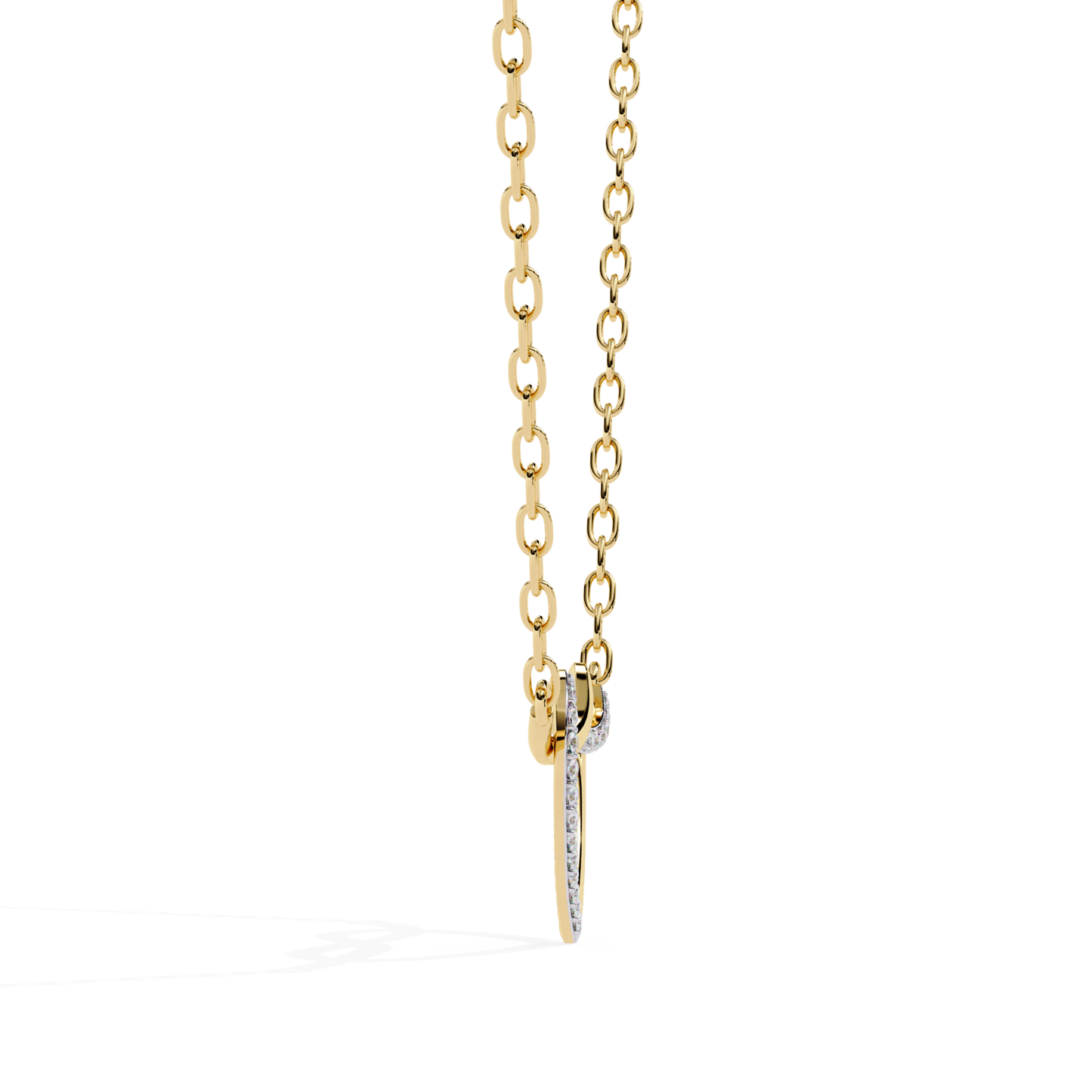 Side view of heart shape diamond pendant with chain in yellow gold showing slim open heart profile with round accent diamonds set along the edge and a polished gold chain attached through a smooth bail