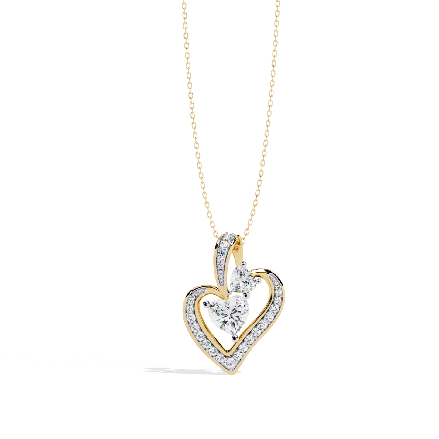 front view heart shape diamond pendant in yellow gold with double heart design
