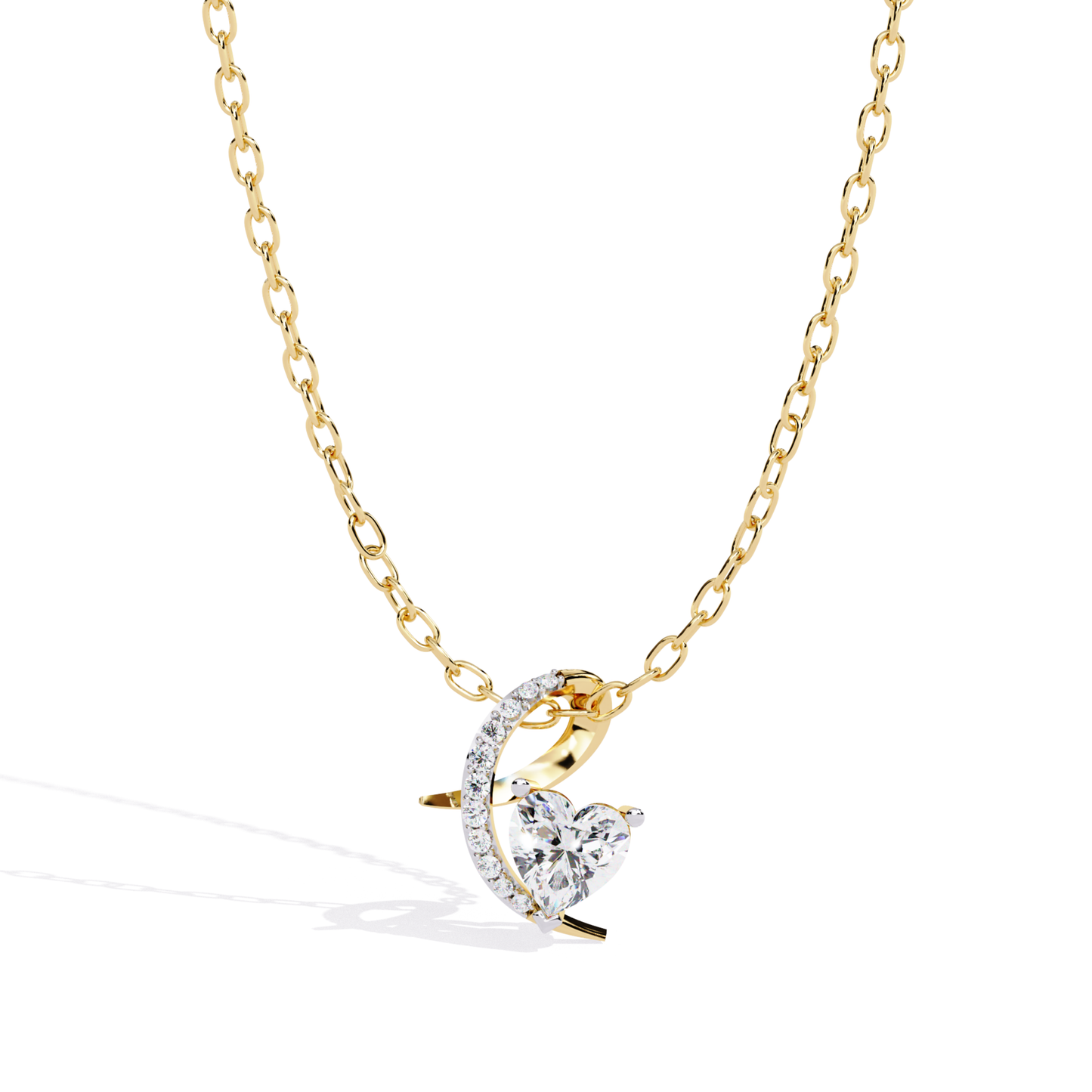 Heart-shaped diamond solitaire pendant in yellow gold with curved accent design