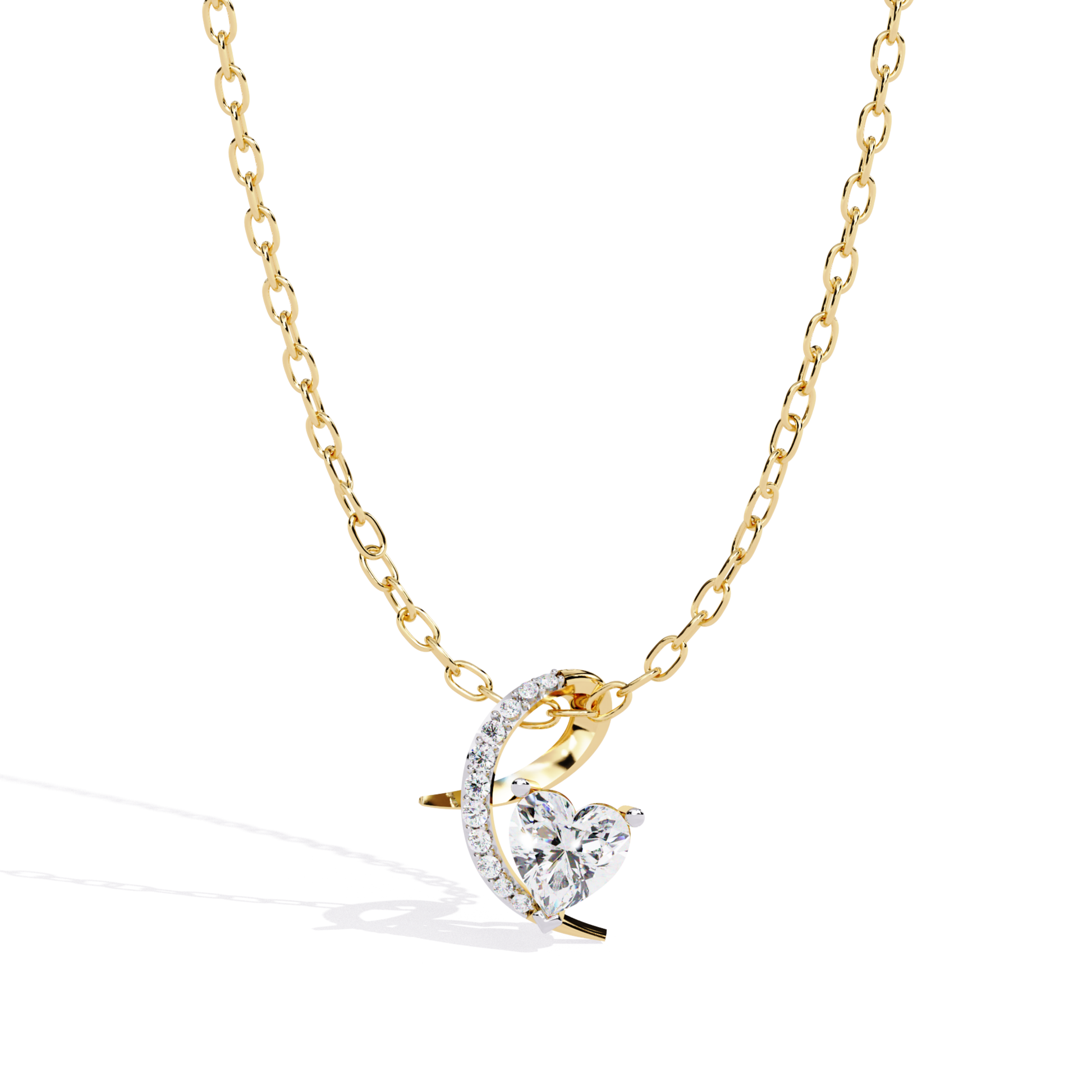Heart-shaped diamond solitaire pendant in yellow gold with curved accent design