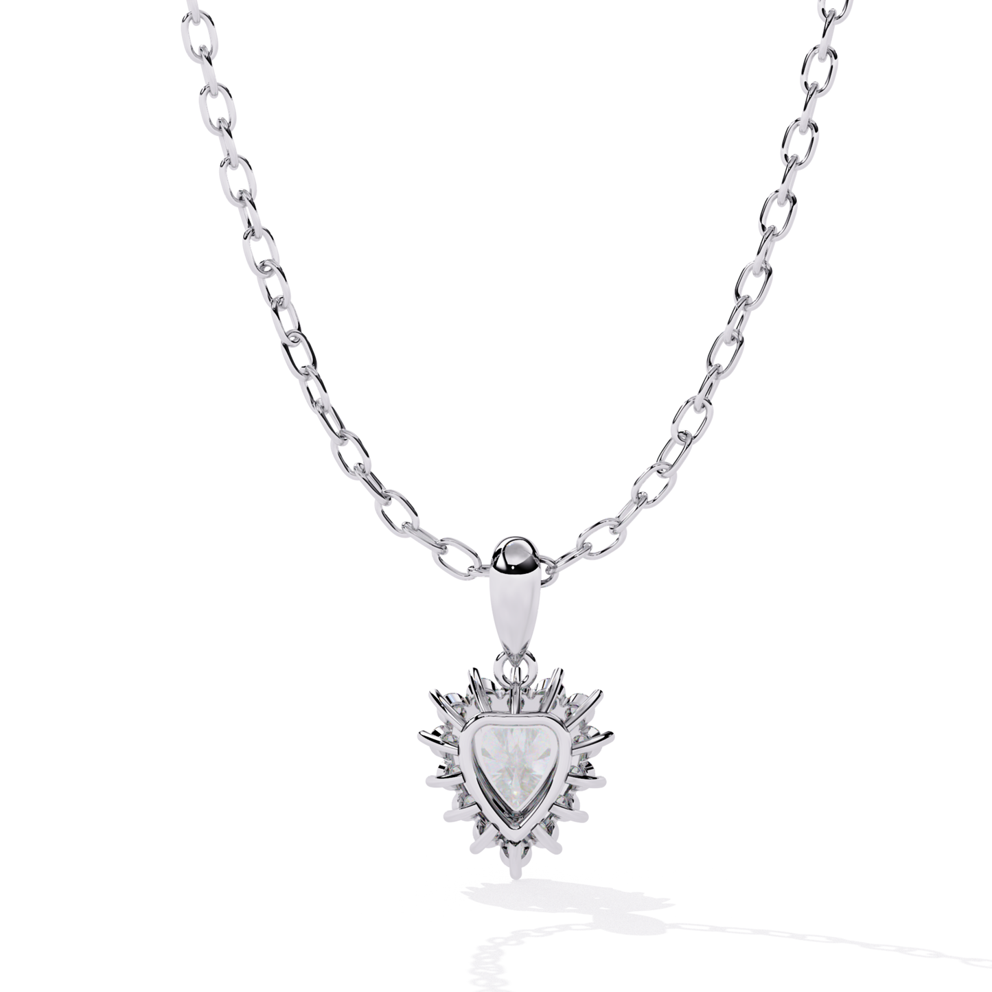 Heart shaped halo pendant in white gold with sparkling diamond center