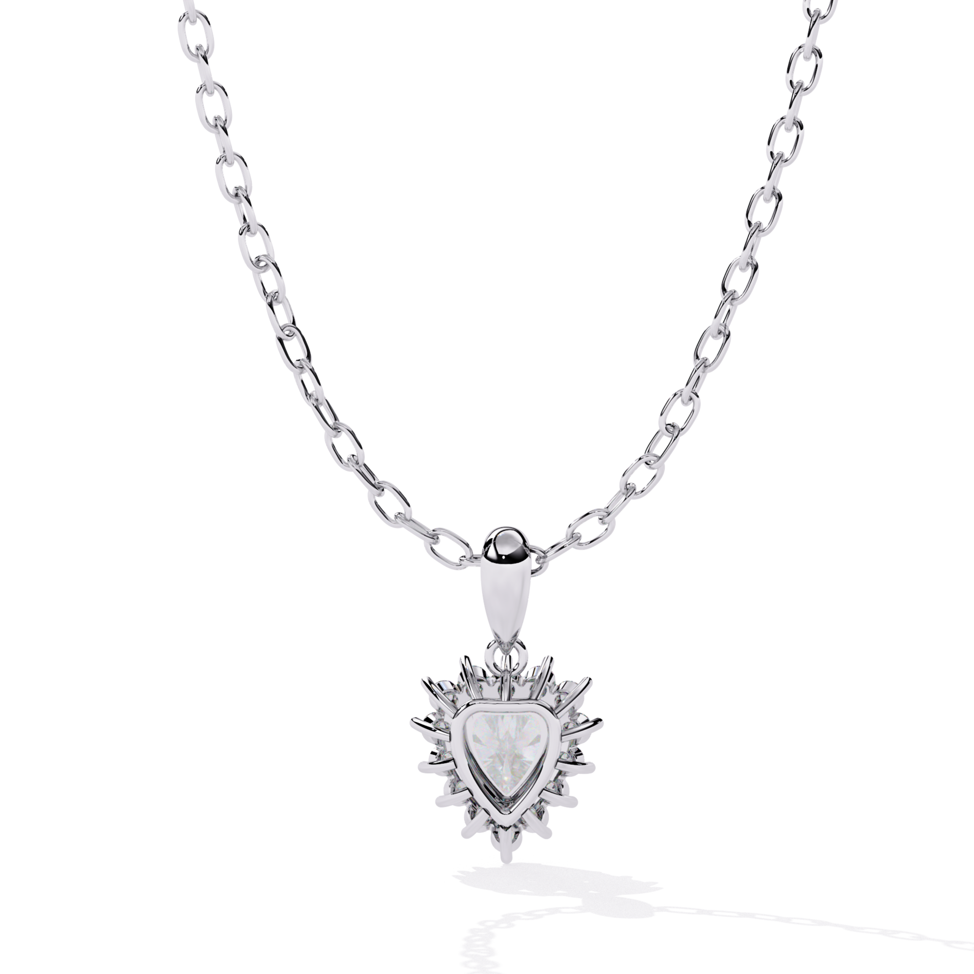 Heart shaped halo pendant in white gold with sparkling diamond center