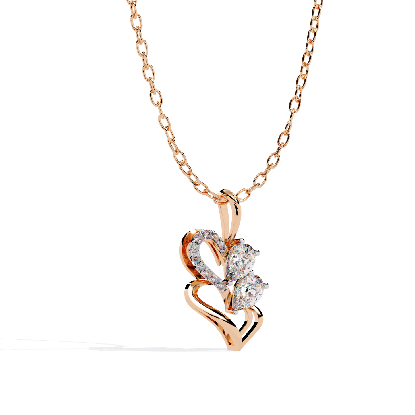 Heart-inspired pendant with a layered flowing form, showcasing two round-cut diamonds and closely set small round accent diamonds within the design