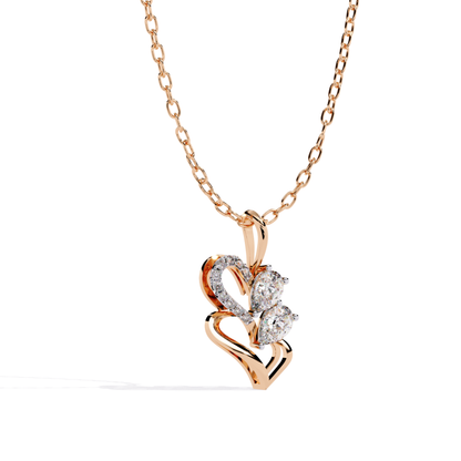 Heart-inspired pendant with a layered flowing form, showcasing two round-cut diamonds and closely set small round accent diamonds within the design