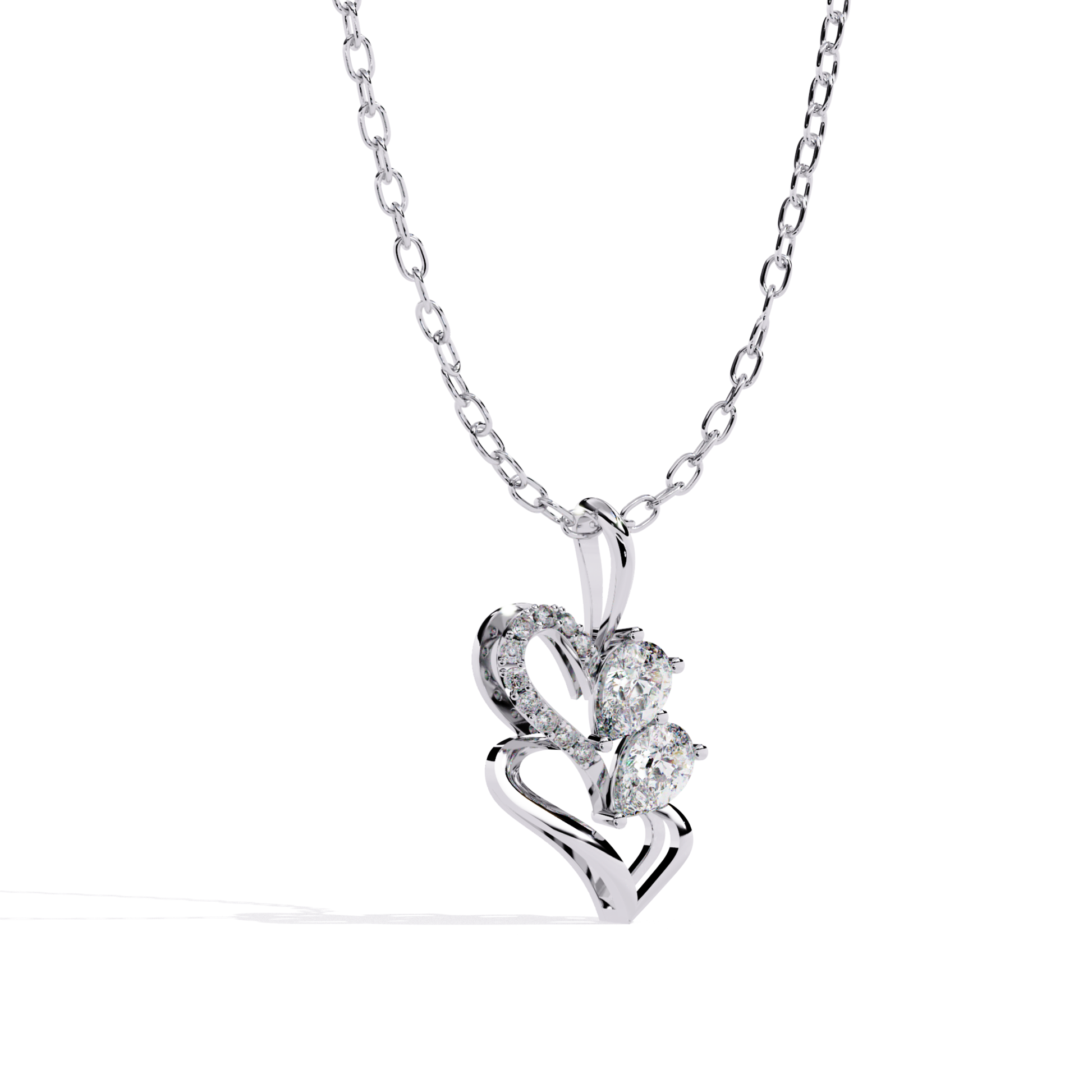 Open heart pendant featuring a smooth flowing structure with two round-cut diamonds and a row of small round accent diamonds inside the heart shape