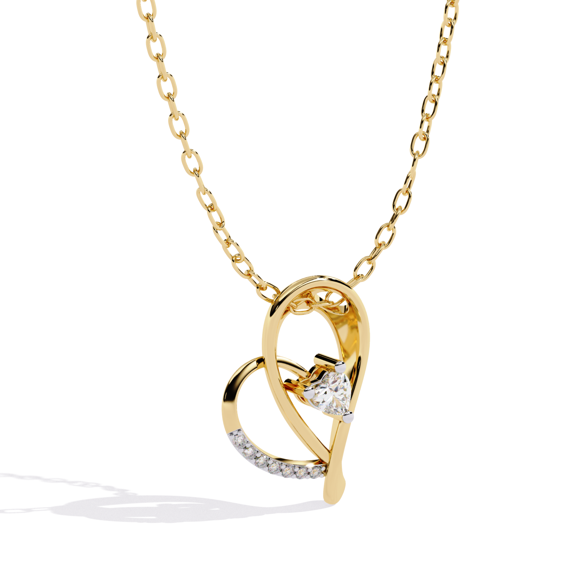 Heart shape diamond pendant front view in yellow gold