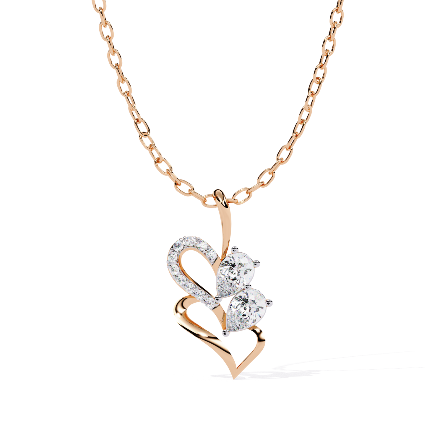 Heart-inspired pendant with a flowing structure, showcasing two round-cut stones and a gently curved accent stone setting