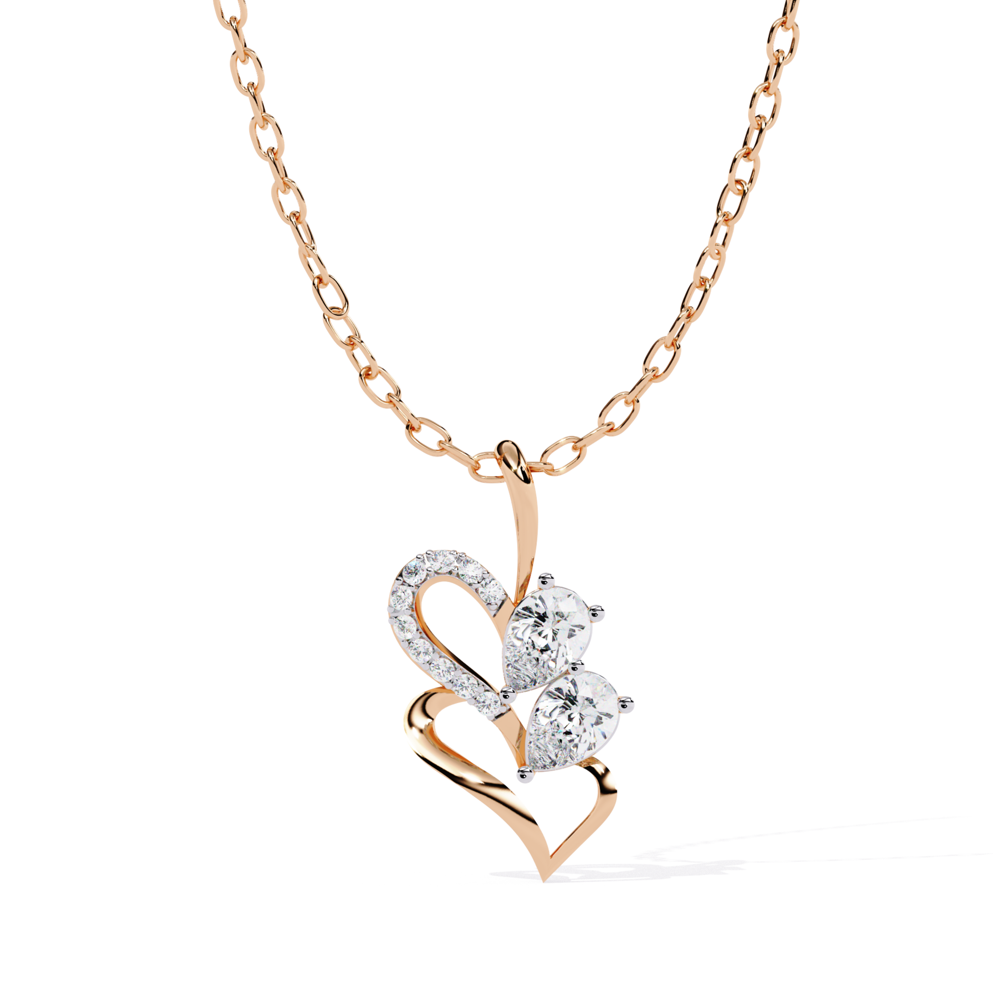 Heart-inspired pendant with a flowing structure, showcasing two round-cut stones and a gently curved accent stone setting