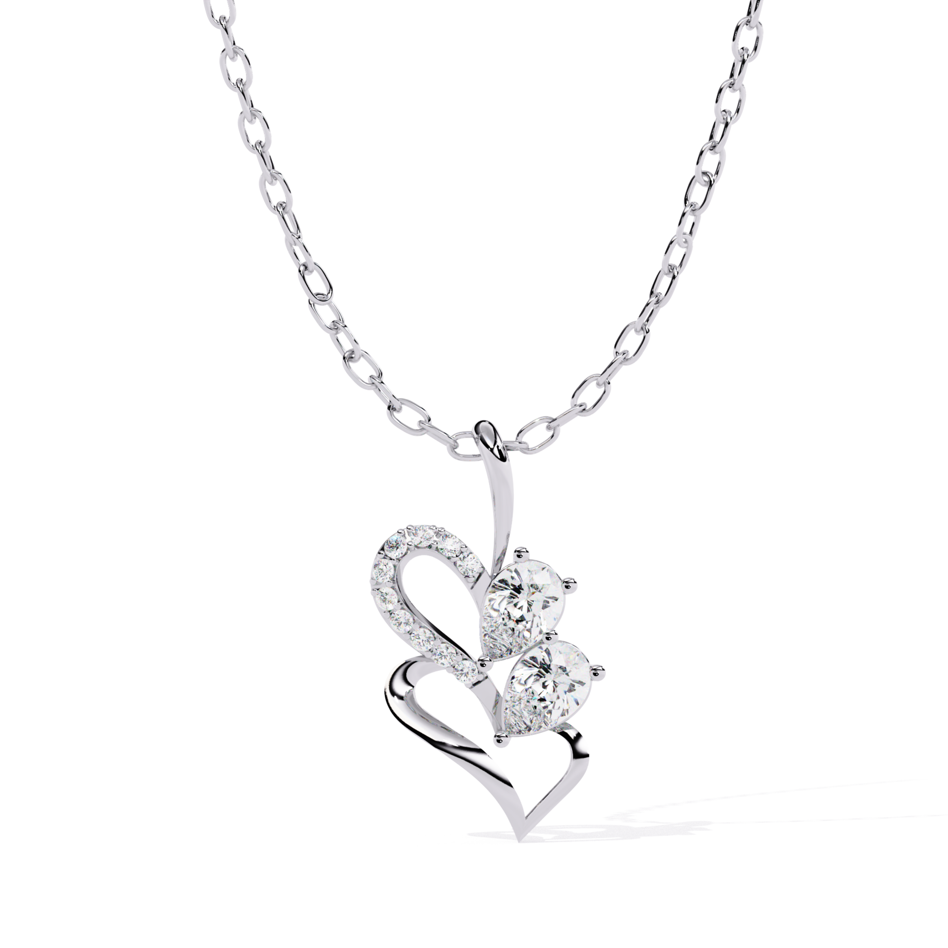 Open heart pendant designed with a smooth outline, containing two pear-cut stones and a line of closely set accent stones