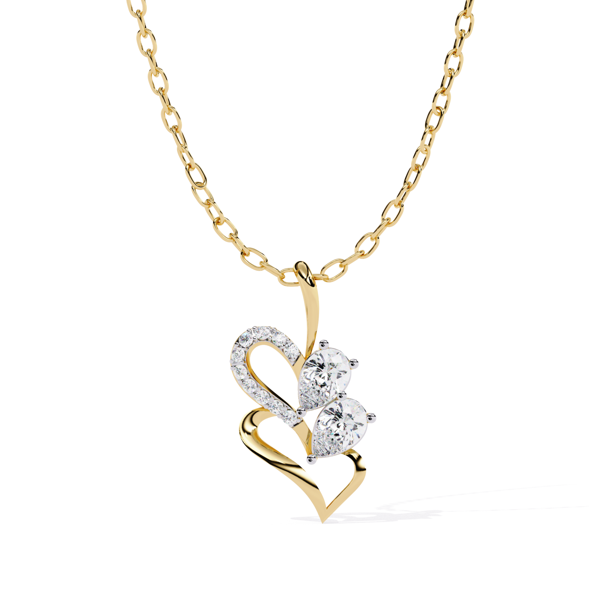 Heart-shaped pendant with an open flowing design, featuring two pear-cut stones and a curved row of small round set stones within the heart form