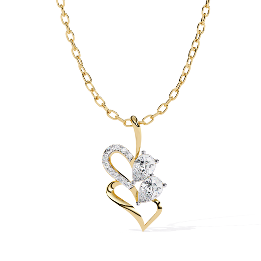 Heart-shaped pendant with an open flowing design, featuring two pear-cut stones and a curved row of small round set stones within the heart form