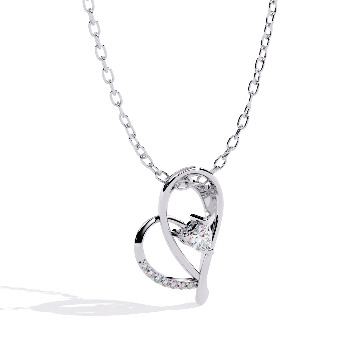 Heart shape diamond pendant front view in white gold
