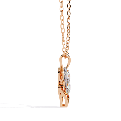 Side profile of a heart-inspired pendant featuring a curved open framework with two round-cut diamonds and closely set small round accent diamonds along the inner section