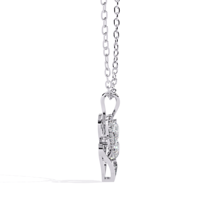 Side view of an open heart pendant displaying a layered design with two round-cut diamonds and a row of small round accent diamonds positioned inside the heart form