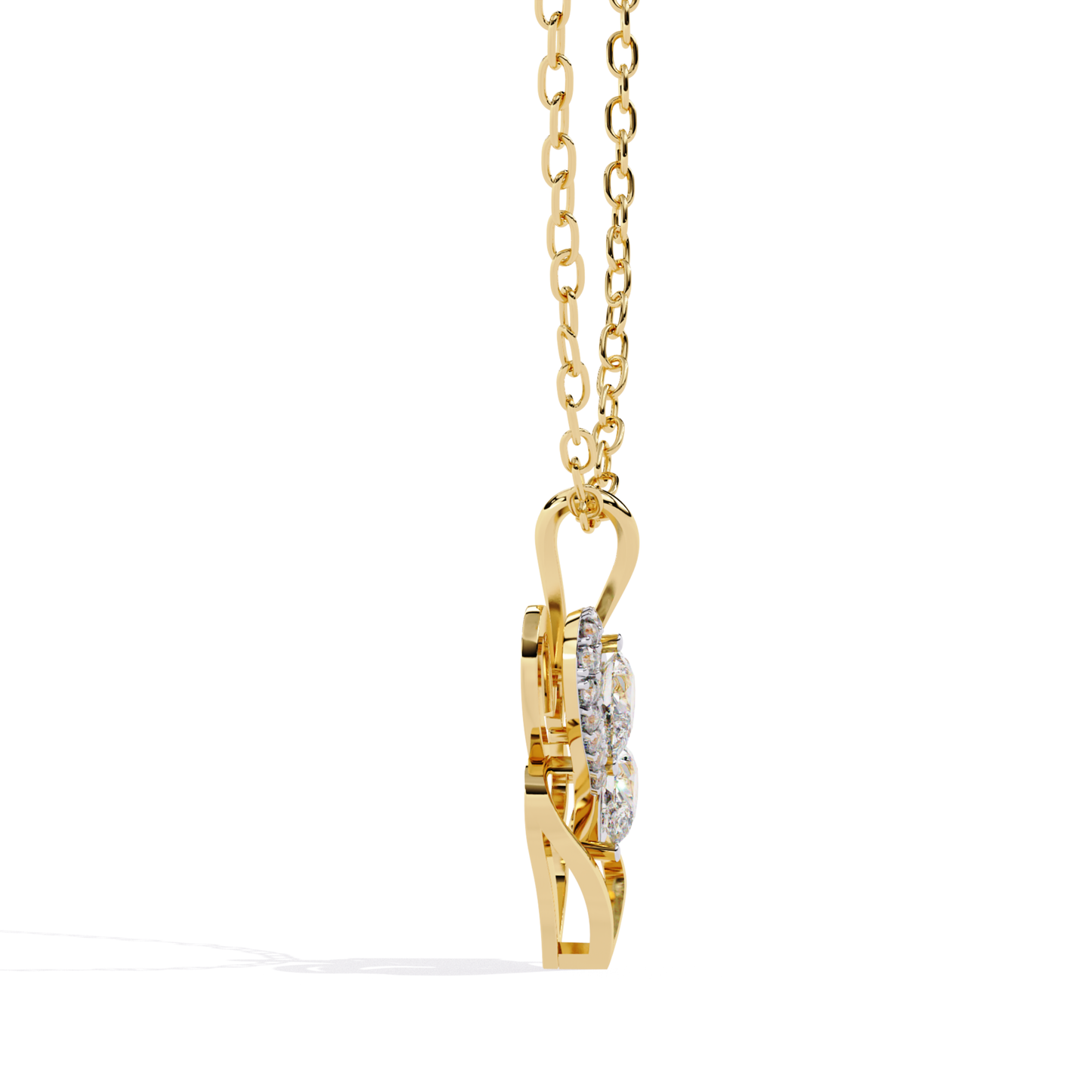 Side profile of a heart-shaped pendant showing a flowing open structure with two round-cut diamonds mounted vertically and small round accent diamonds set along the inner curve