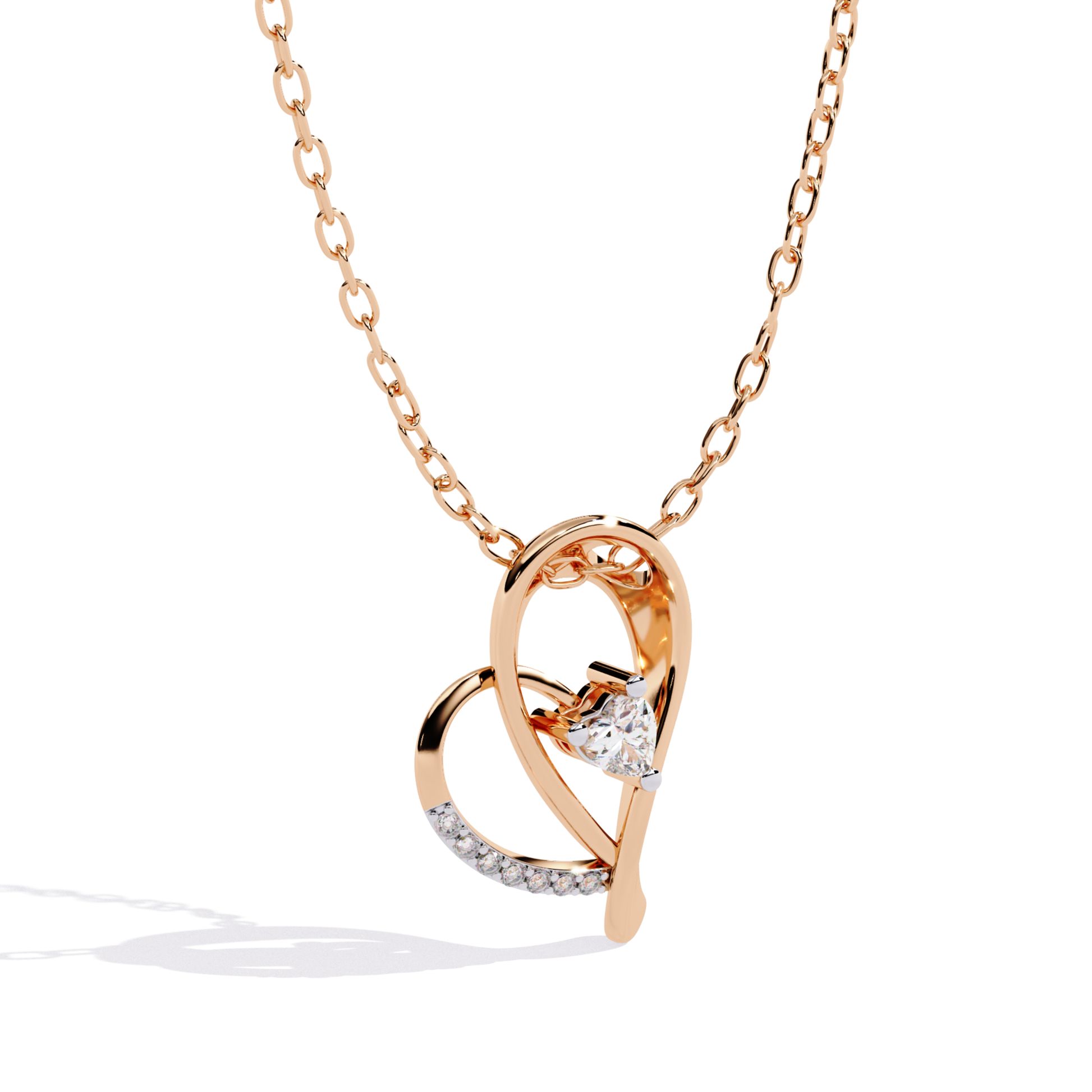 Heart shape diamond pendant front view in rose gold