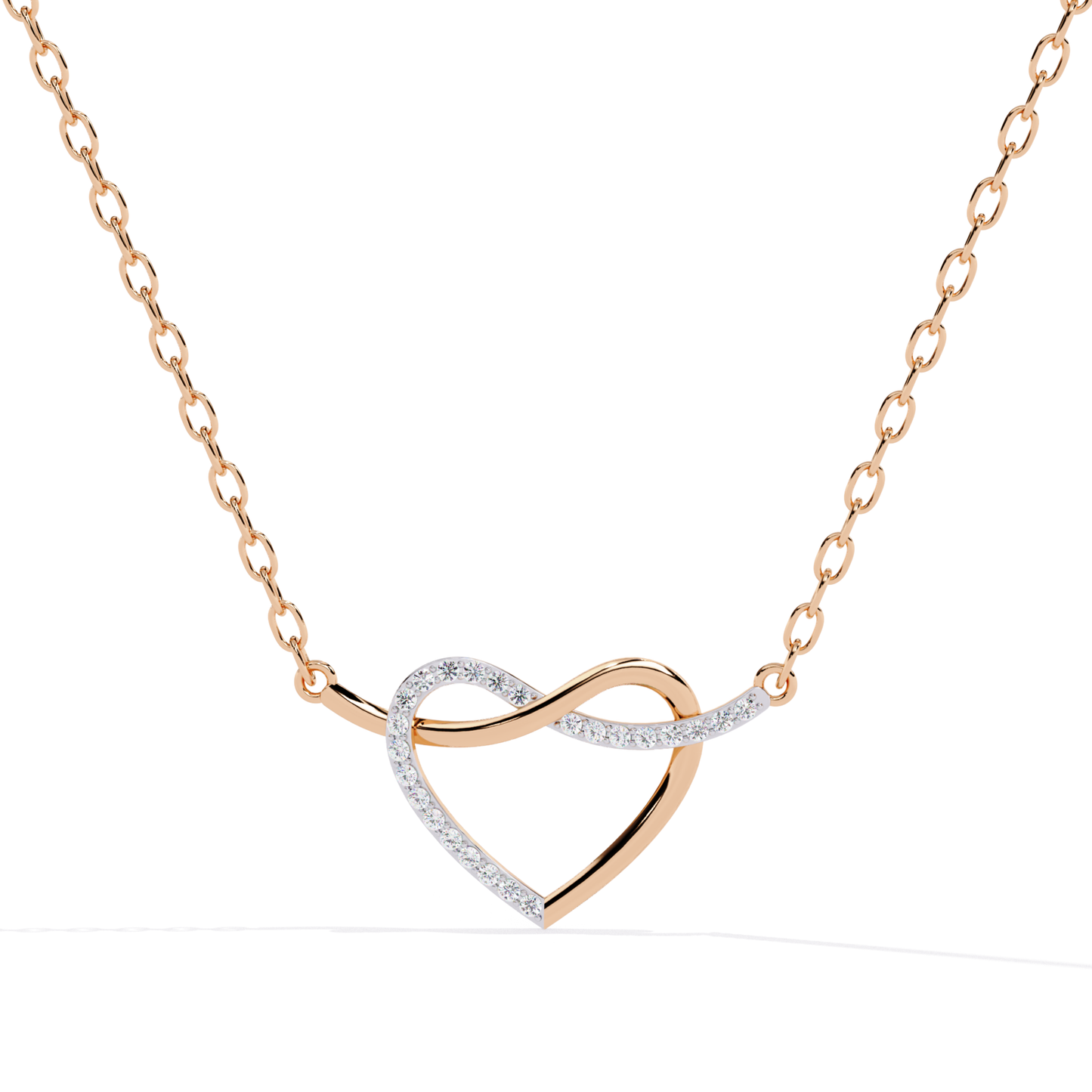 Heart shape diamond pendant chain in rose gold designed with a soft open heart form accented by round diamonds along one edge and a warm polished metal tone