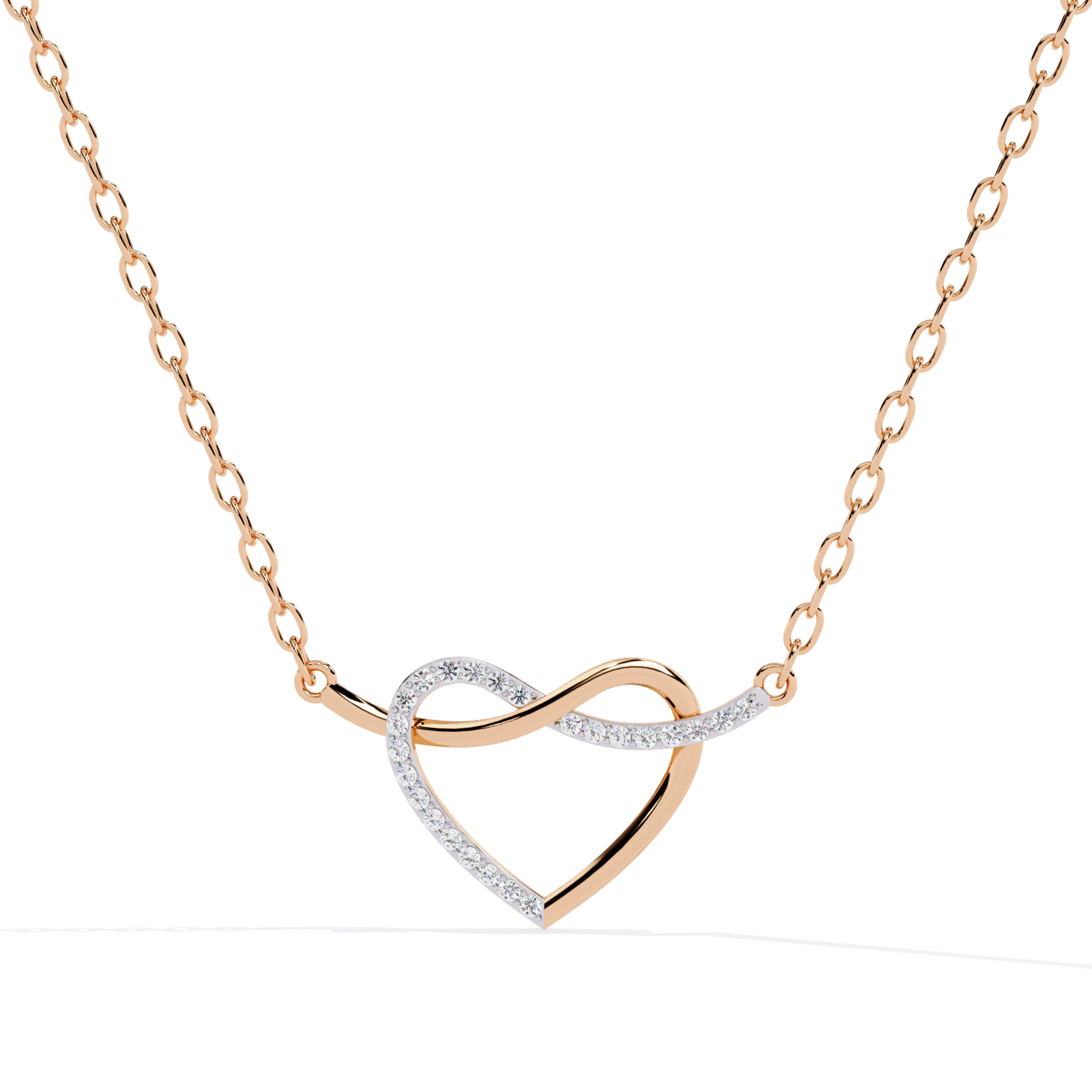 Heart shape diamond pendant chain in rose gold designed with a soft open heart form accented by round diamonds along one edge and a warm polished metal tone