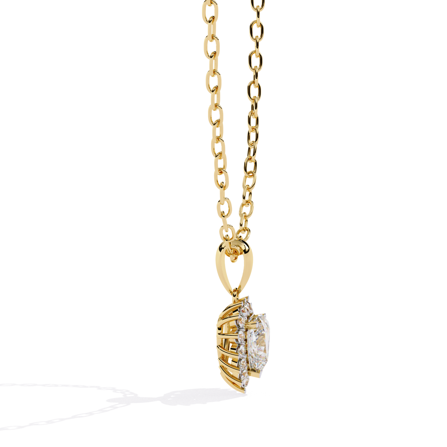Heart shaped diamond pendant in yellow gold with side profile detailing