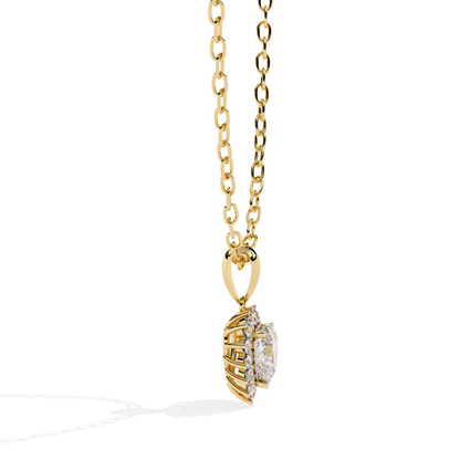 Heart shaped diamond pendant in yellow gold with side profile detailing