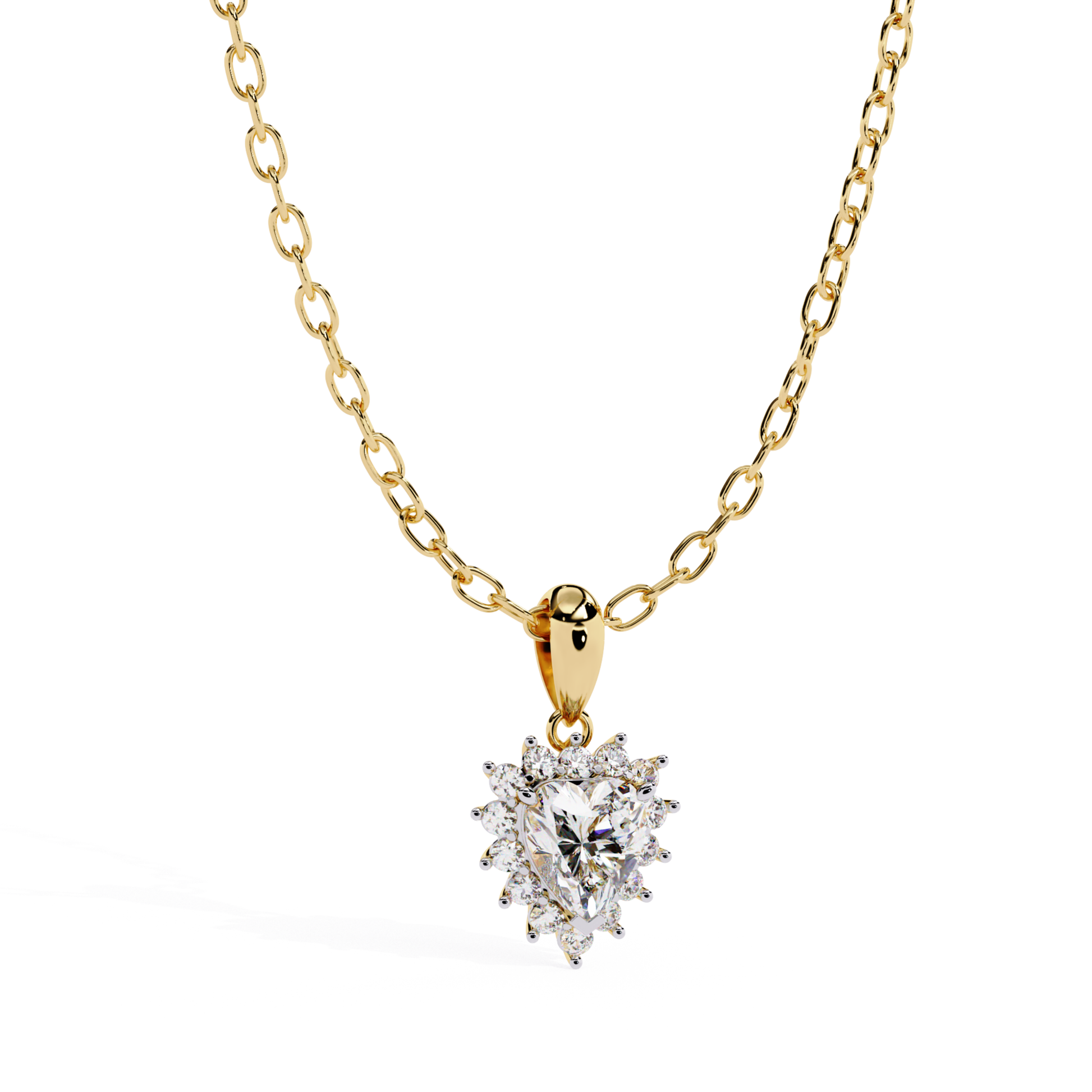 heart shaped diamond pendant in yellow gold with sparkling halo diamonds
