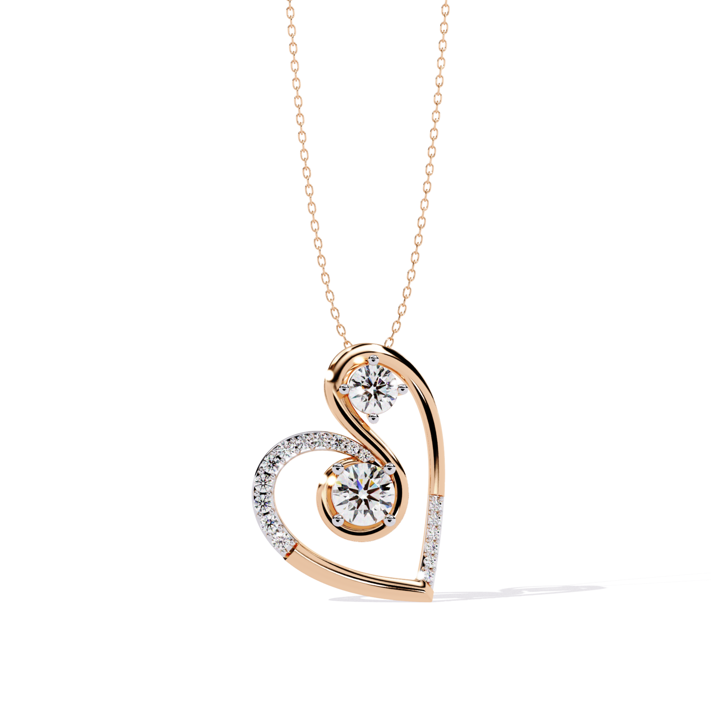 Front view of rose gold heart pendant with polished curves and round diamond accents