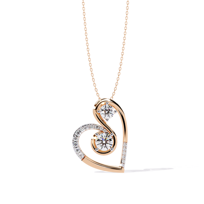 Front view of rose gold heart pendant with polished curves and round diamond accents