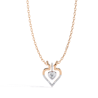centered front view rose gold heart pendant showcasing heart cut diamond at center with round diamonds forming layered heart pattern