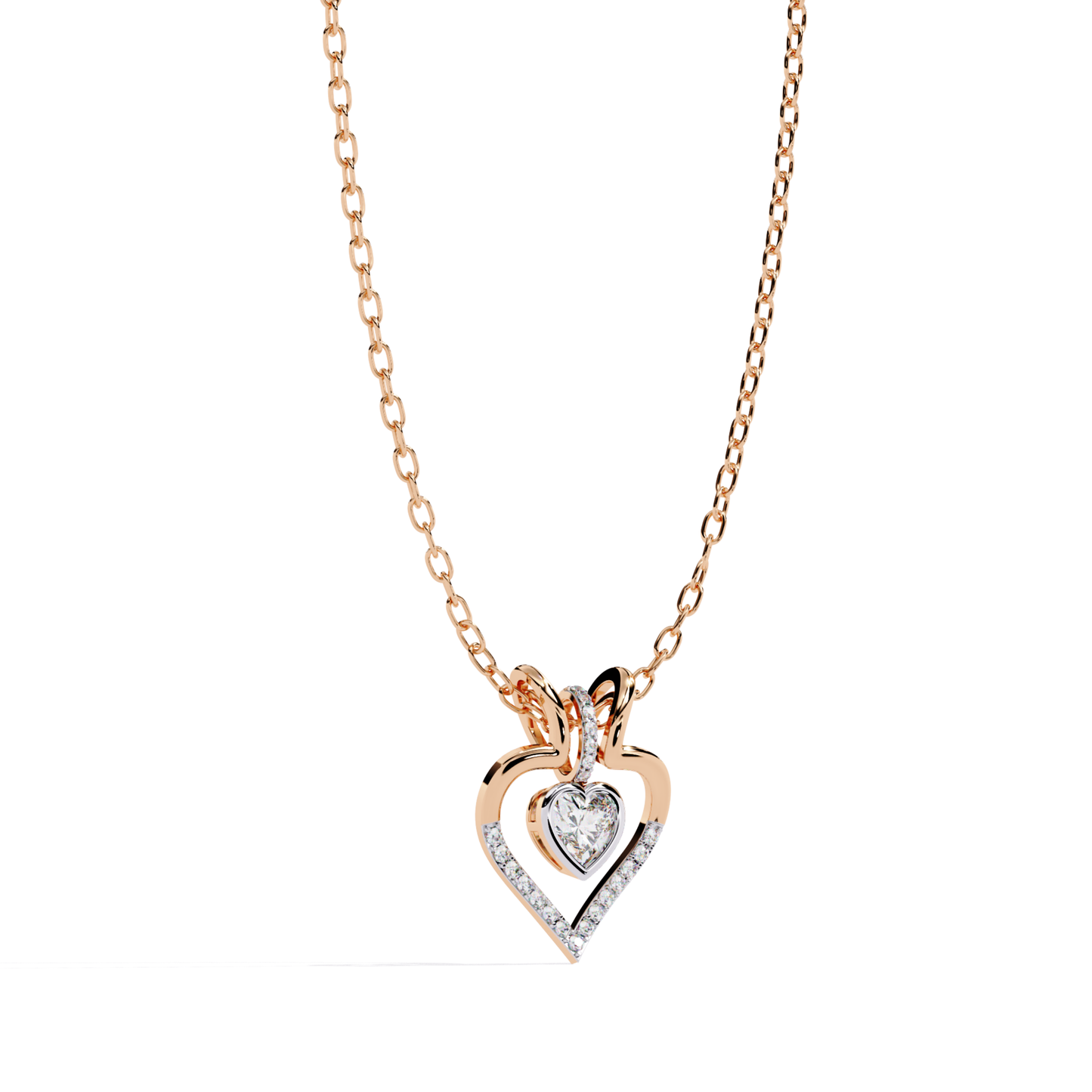 layered heart diamond pendant in rose gold showcasing heart cut center diamond and round accent diamonds forming elegant heart outline
