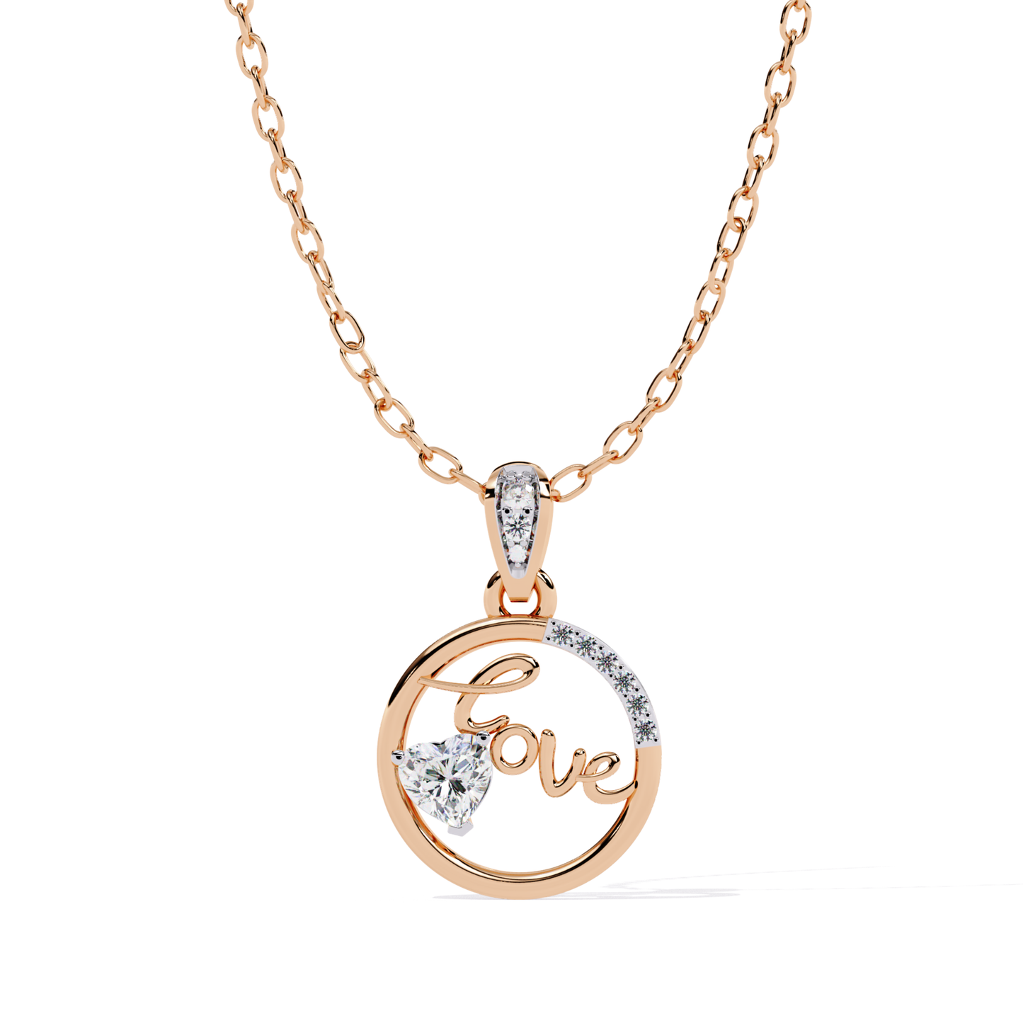 Front view of a rose gold circle pendant designed with a love script and a heart-shaped diamond highlight.