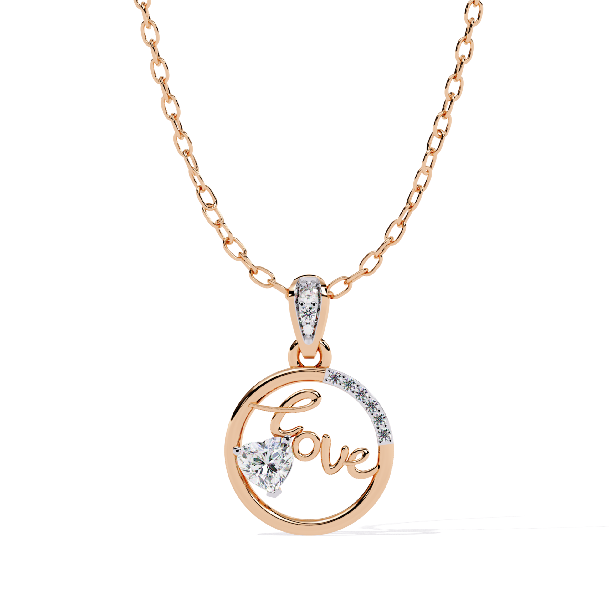 Front view of a rose gold circle pendant designed with a love script and a heart-shaped diamond highlight.