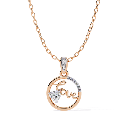 Front view of a rose gold circle pendant designed with a love script and a heart-shaped diamond highlight.