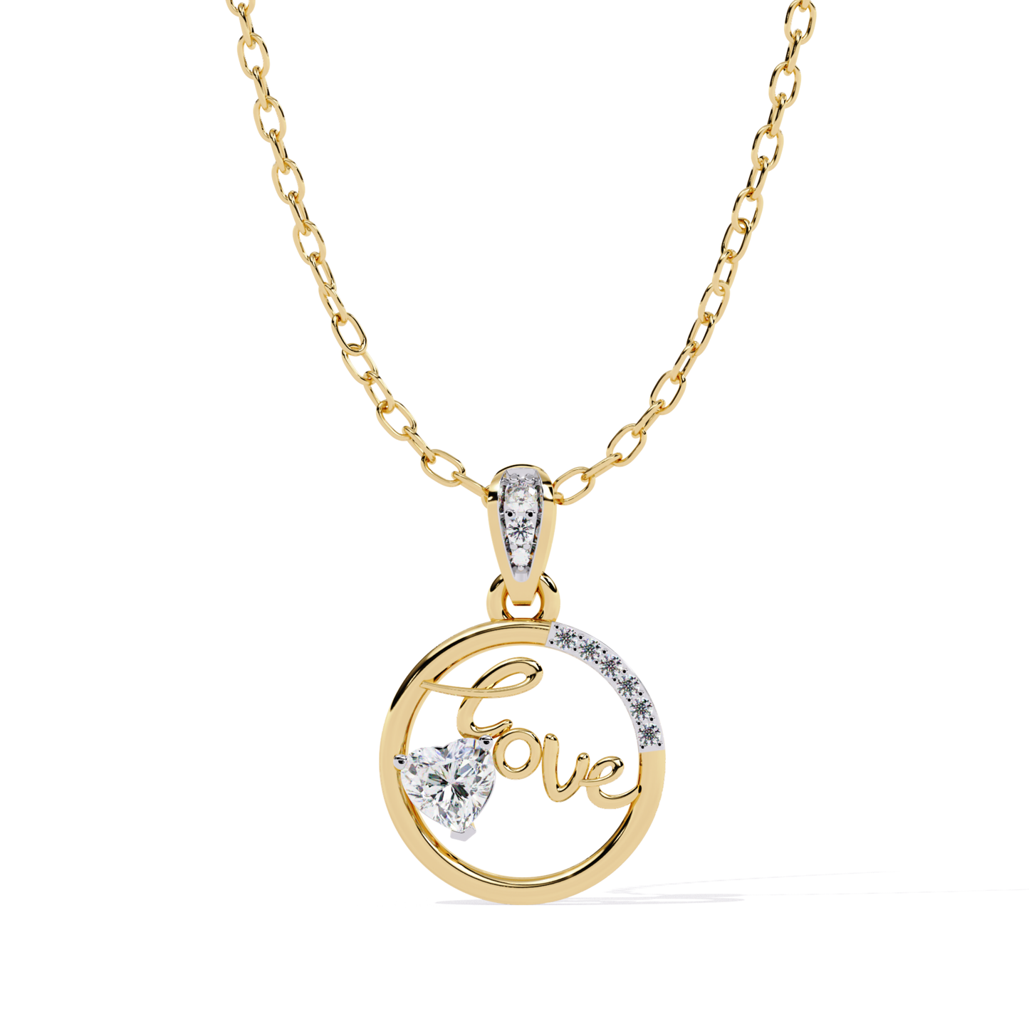 Front view of a yellow gold circular pendant featuring a love script design with a heart-shaped diamond and accent stones.